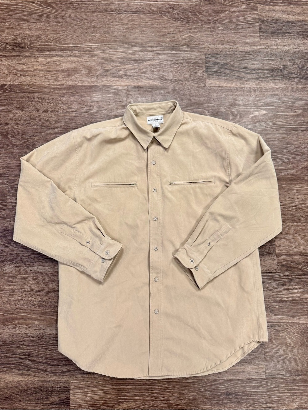 Knightsbridge Faux Suede Button Up Shirt Men's L Beige Microfiber Vintage